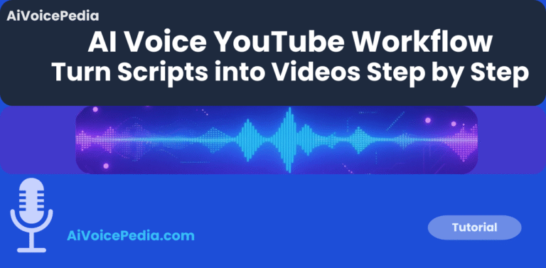 Featured image for How to Turn Scripts into YouTube Videos with AI Voice article, glowing AI soundwave representing workflow automation.