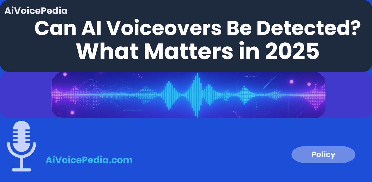 Featured image for Can AI Voiceovers Be Detected article, digital blue and purple soundwave suggesting AI detection and analysis.
