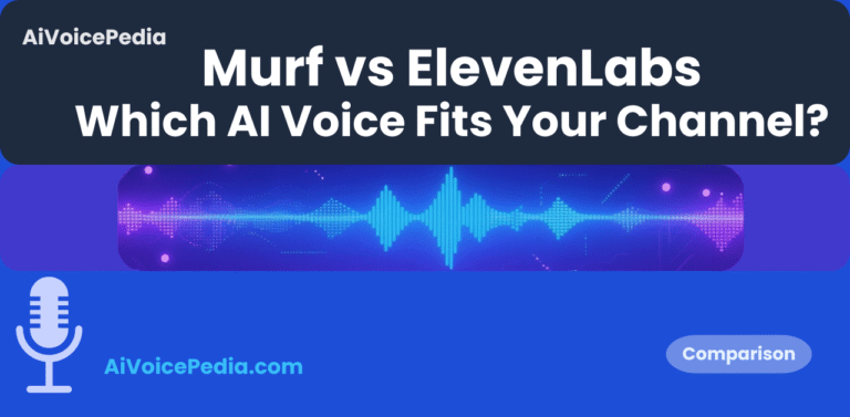 Featured image for Murf vs ElevenLabs comparison article, AI soundwave banner between dark title bar and bright blue footer.
