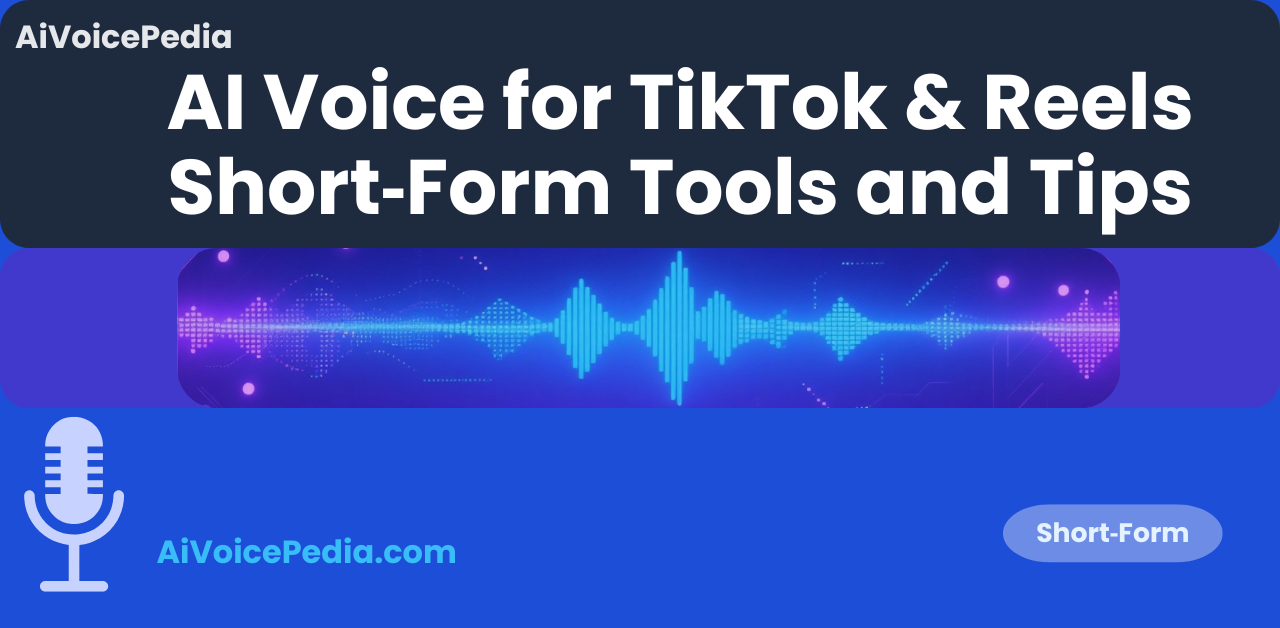Featured image for AI Voice for TikTok, Reels and Shorts article, vivid blue and purple soundwave strip symbolizing short‑form content.