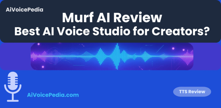 Featured image for Murf AI Review article, blue and purple AI soundwave banner with AiVoicePedia microphone logo.