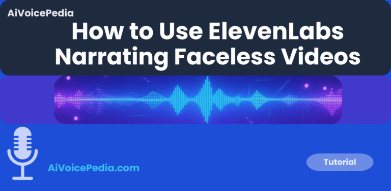 Featured image for How to Use ElevenLabs to Narrate Faceless YouTube Videos article, bright AI audio waveform on blue and purple tech background.