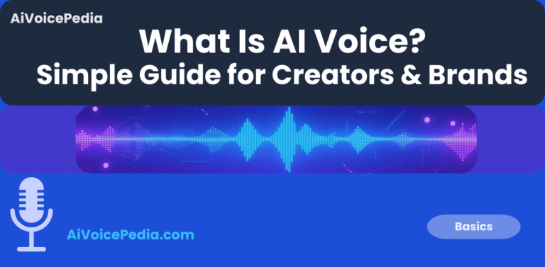 Featured image for What Is AI Voice article, blue and purple AI waveform background with AiVoicePedia title area.