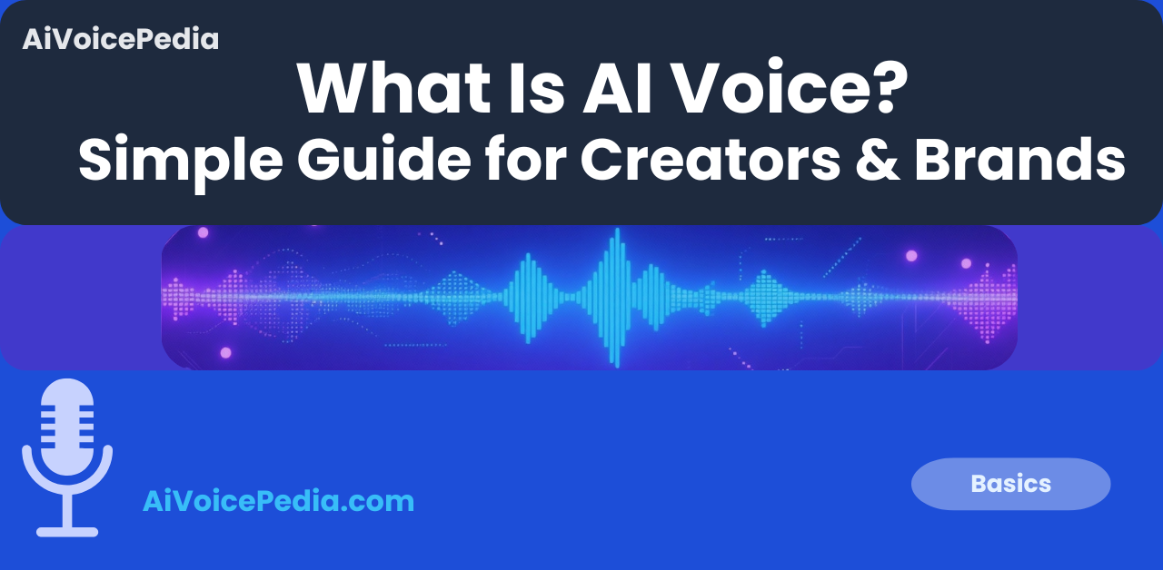 Featured image for What Is AI Voice article, blue and purple AI waveform background with AiVoicePedia title area.