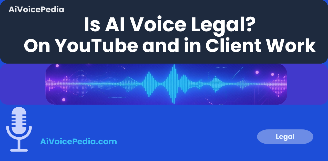 Featured image for Is It Legal to Use AI Voices on YouTube and in Commercial Projects article, AI waveform graphic on dark header banner.