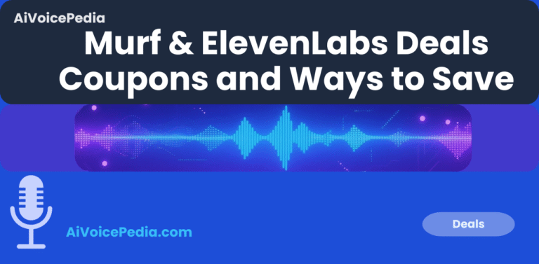 Featured image for Murf and ElevenLabs Deals and Coupons article, blue AI waveform strip indicating savings on voice tools.