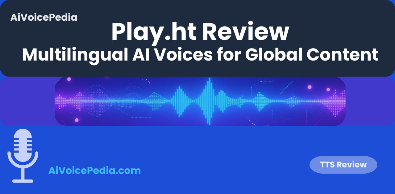 Featured image for Play.ht Review article, blue and purple AI voice waveform banner with tech particles and AiVoicePedia logo.