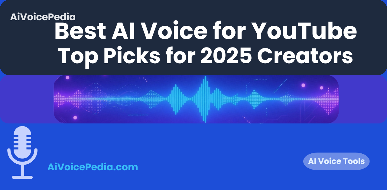 Featured image for Best AI Voice for YouTube article, blue and purple soundwave background representing AI narration tools.