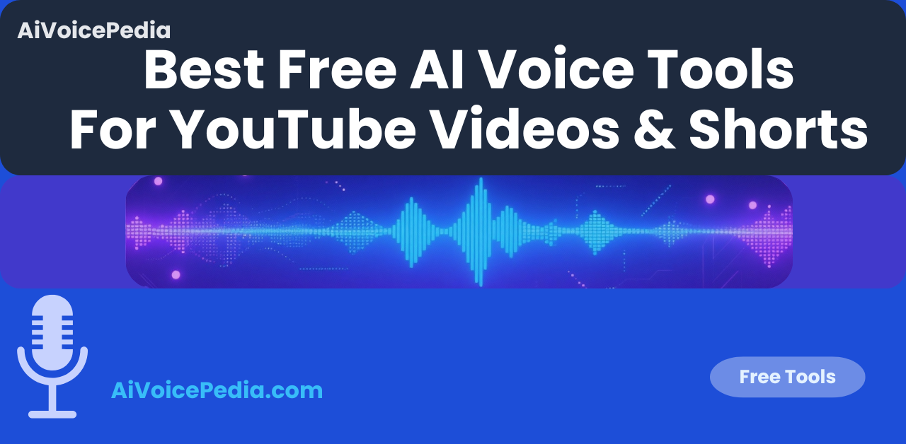 Featured image for Best Free AI Voice Generator for YouTube and Shorts article, bright blue AI waveform banner with tech style.