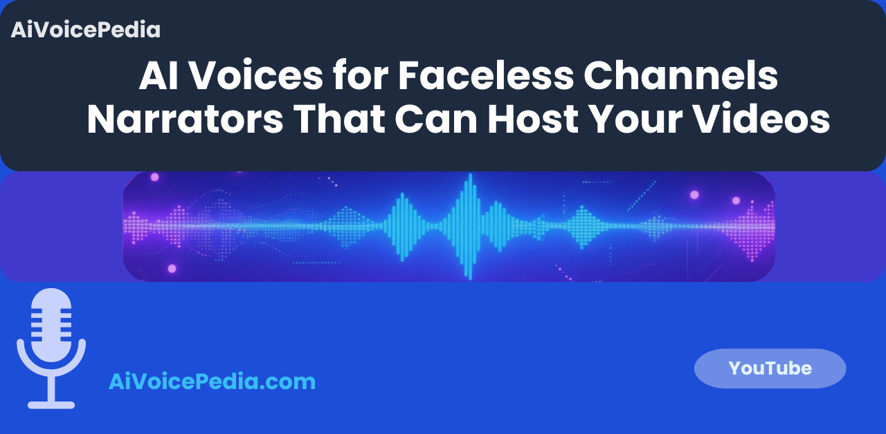 Featured image for Best AI Voice Generators for Faceless YouTube Channels article, AI soundwave and microphone graphic on blue background.