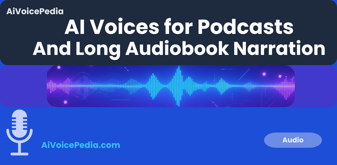 Featured image for Best AI Voices for Podcasts and Audiobooks article, blue and purple audio wave design evoking long‑form listening.