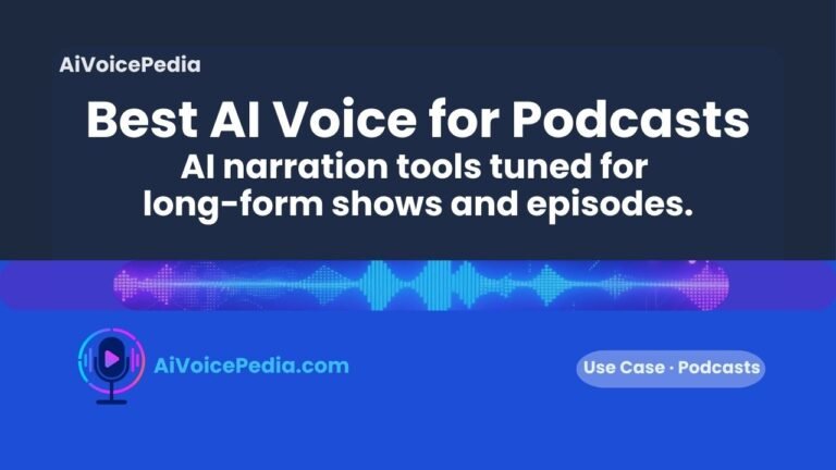 A podcast studio setup with microphone and laptop showing an AI voice generation interface for episode production