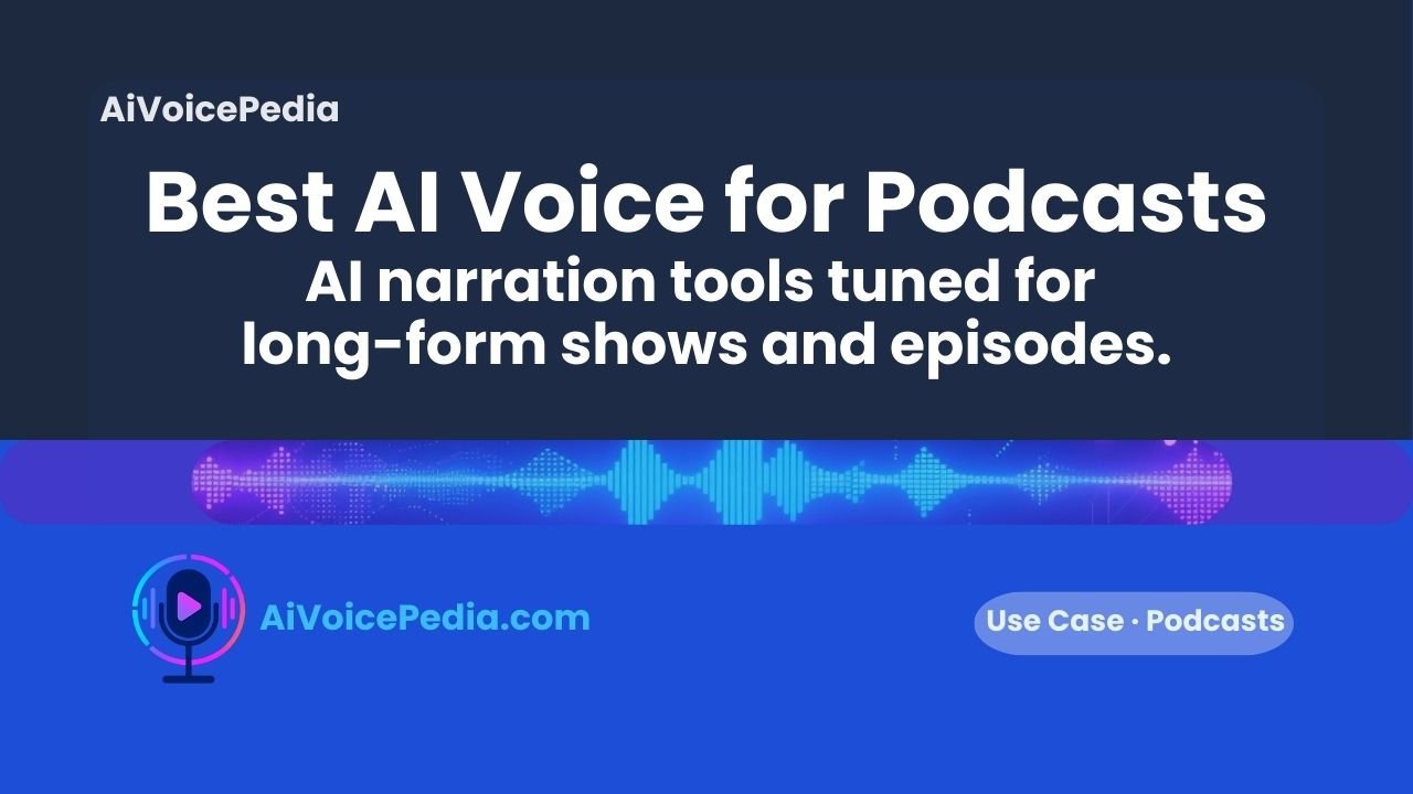 A podcast studio setup with microphone and laptop showing an AI voice generation interface for episode production