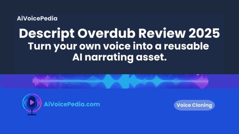 Descript editor interface showing the Overdub voice cloning feature in use for podcast editing